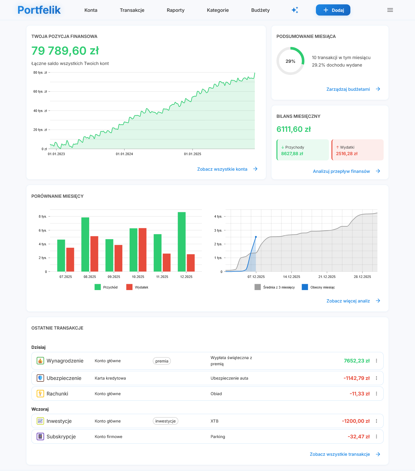 Podgląd głównej aplikacji Portfelik